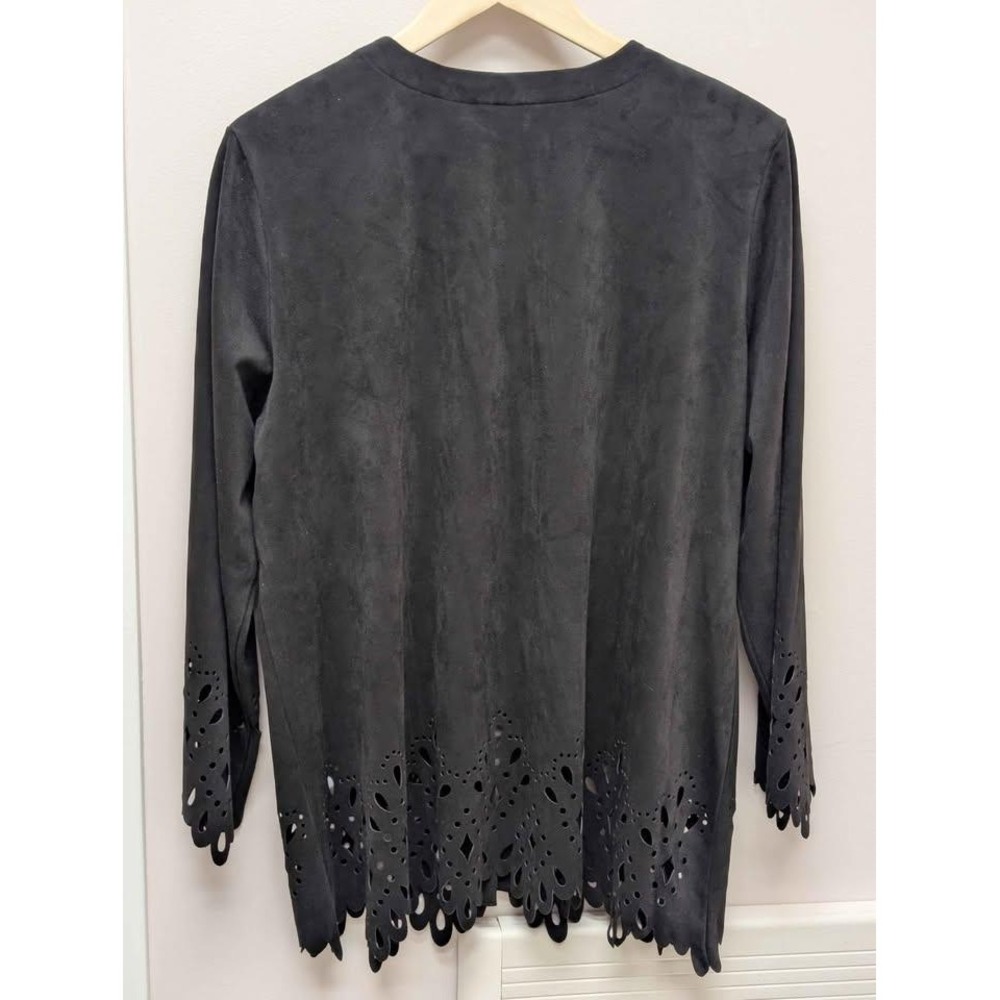 Bob Mackie Wearable Art Women's L Black Laser Cut Jacket Faux Suede Open Front - Picture 9 of 10